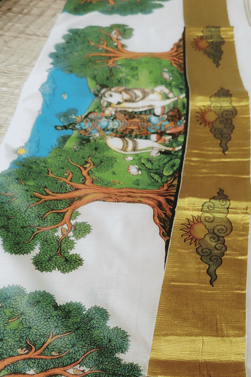 Kerala Kasavu Saree with Mural Krishna