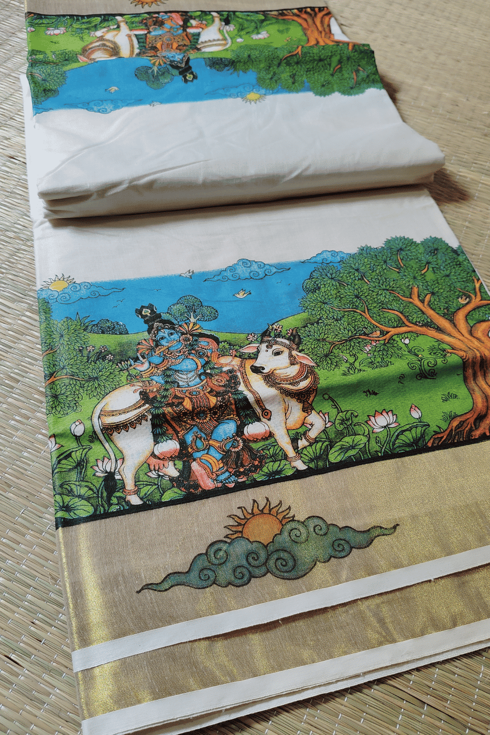 Kerala Kasavu Saree with Mural Krishna
