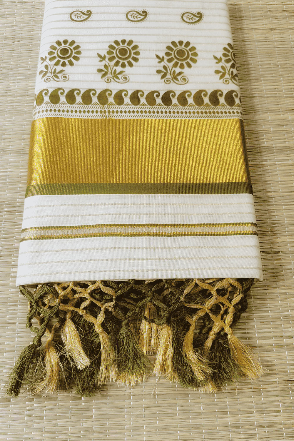 Kerala Kasavu Saree with Olive Green Block Print
