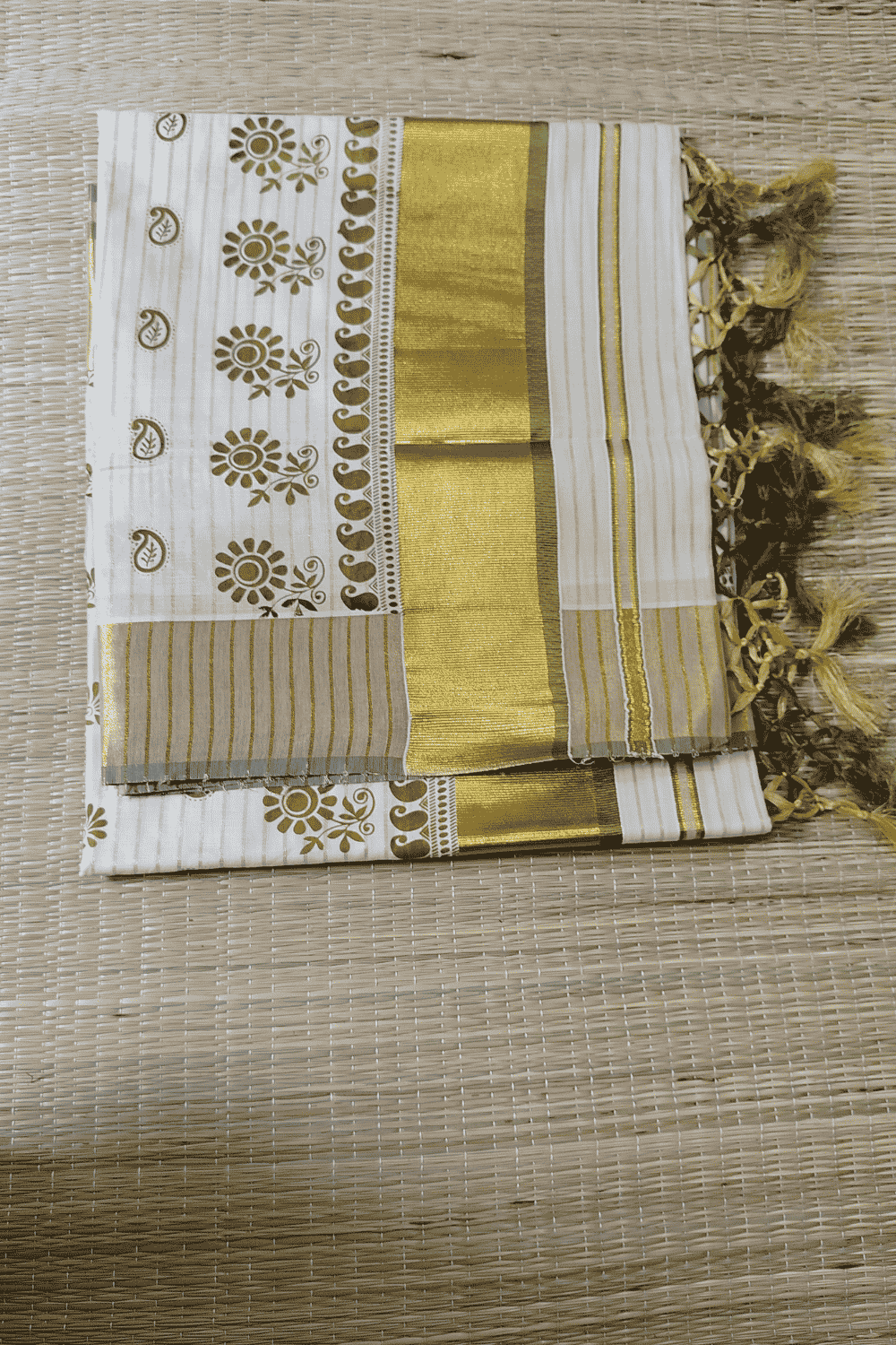 Kerala Kasavu Saree with Olive Green Block Print