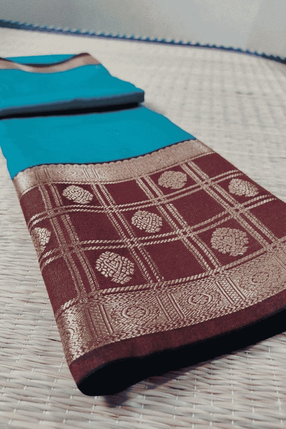 Mathuri Silk Saree Teal Blue with Maroon Border