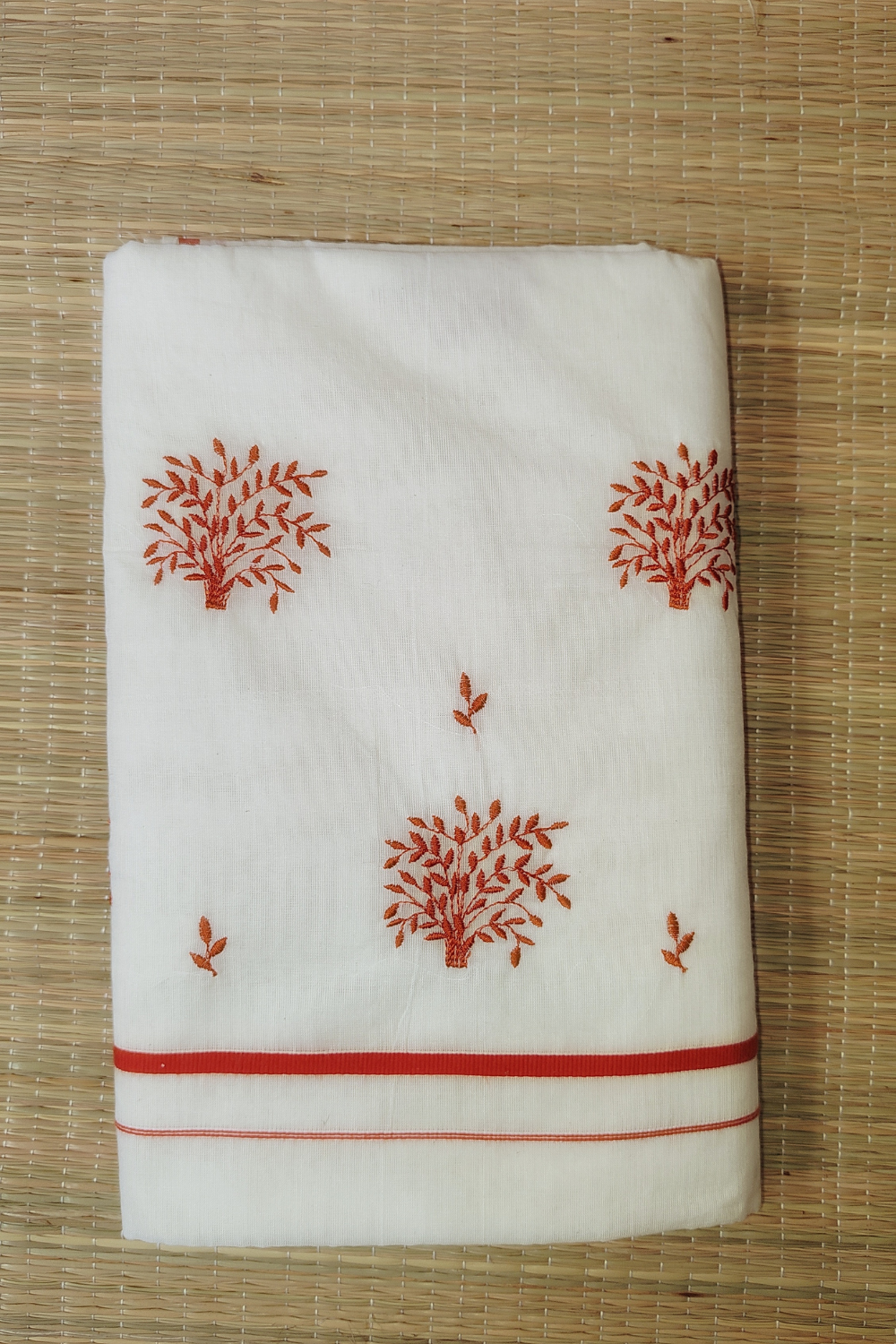 Orange Puliyilakkara Saree with Embroidery