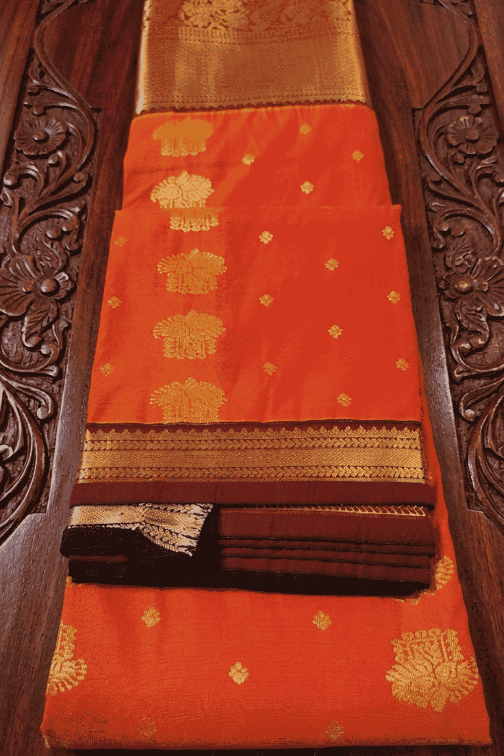 Yamika Silk Saree Sunset Orange With Maroon Border